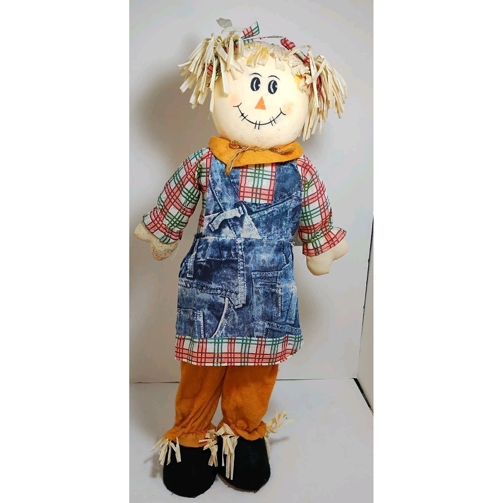 22" Standing ScareCrow Fall‎ Denim Dress Plaid Autumn Thanksgiving Decor Girl